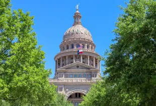 Texas State Capitol dome in Austin framed by green trees; with US and Texas flags flying under a clear blue sky.
