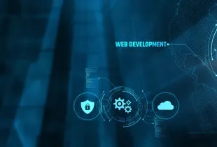 Futuristic web development interface with security; cloud; and gear icons on a dark blue digital background.