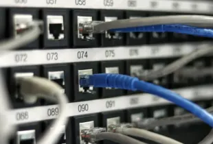 A network patch panel of numbered ports with grey and blue cables plugged into it.