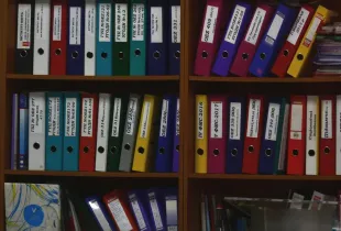 Wooden shelves holding rows of coloured ring binders, each with a written spine label.