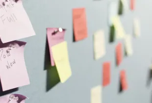 Handwritten sticky notes in several colours arranged across a pale wall.