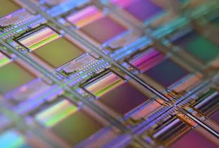 A silicon wafer photographed close up, its repeating processor dies refracting rainbow colours.