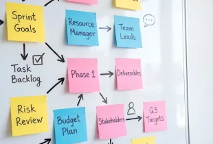 Whiteboard of color-coded sticky notes mapping sprint goals, task backlog, phase deliverables and budget plan.