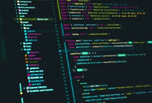 A code editor displaying a project file tree alongside source code and dependency files.
