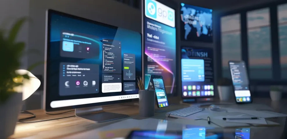 Enterprise IT workstation with multiple monitors displaying dashboards, alongside smartphones and tablets in an office.