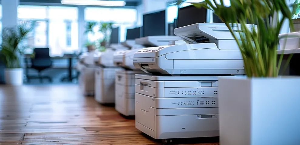 Row of white multifunction office printers on hardwood floor in a modern open office with plants and workstations.