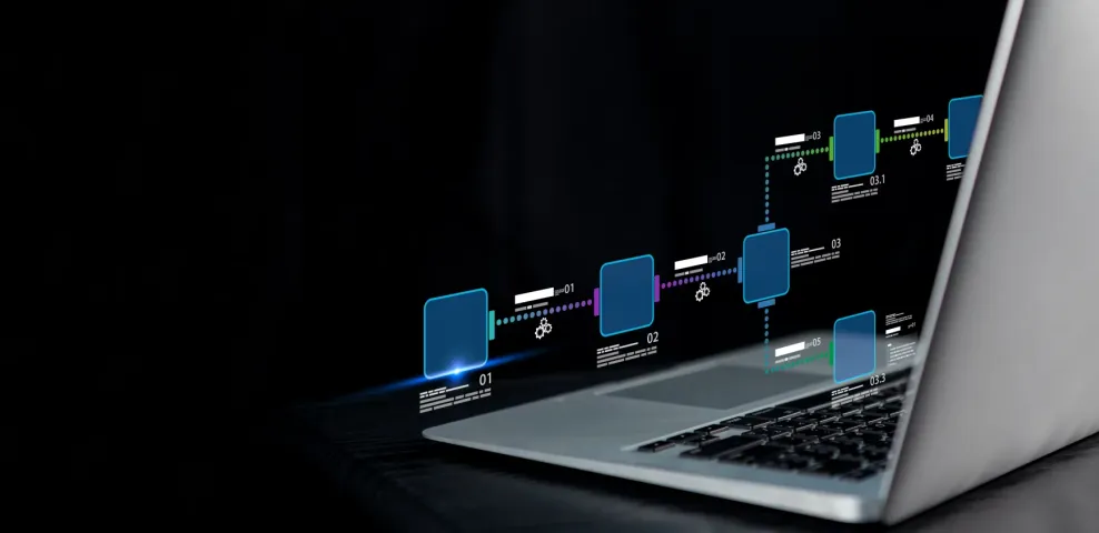 Holographic IT workflow diagram with numbered process nodes above a laptop, representing enterprise automation.