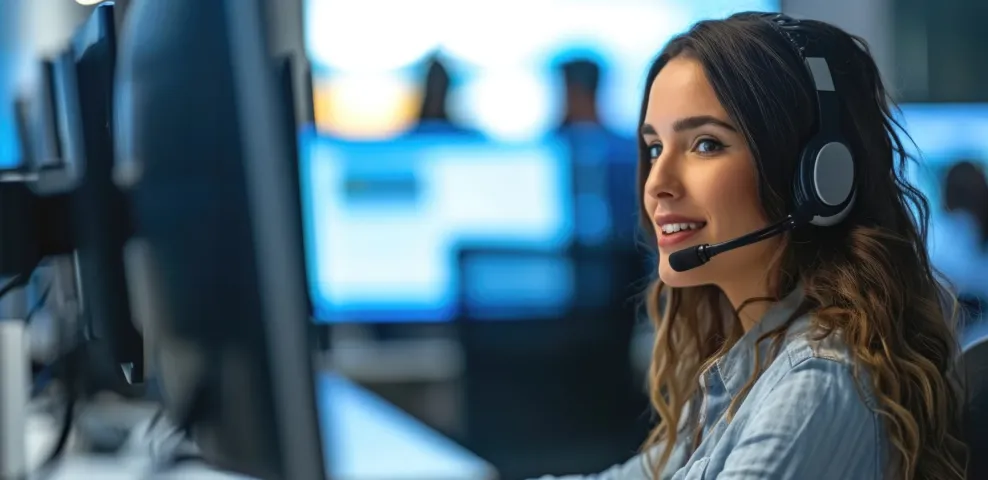 IT support specialist wearing a headset smiles while working at a multi-monitor workstation in a modern operations center.