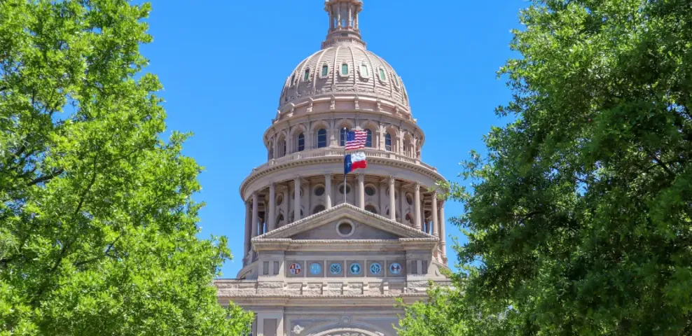 Texas State Capitol dome in Austin framed by green trees; with US and Texas flags flying under a clear blue sky.