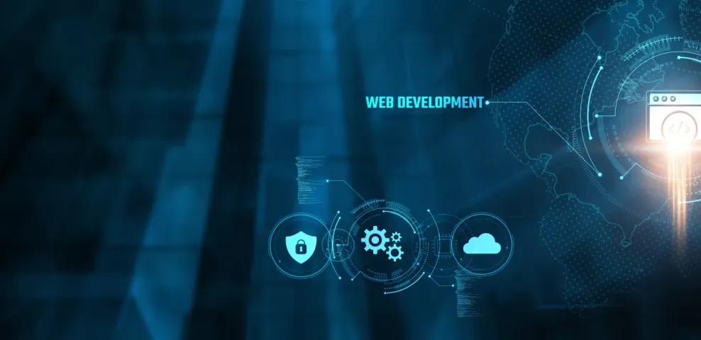 Futuristic web development interface with security; cloud; and gear icons on a dark blue digital background.