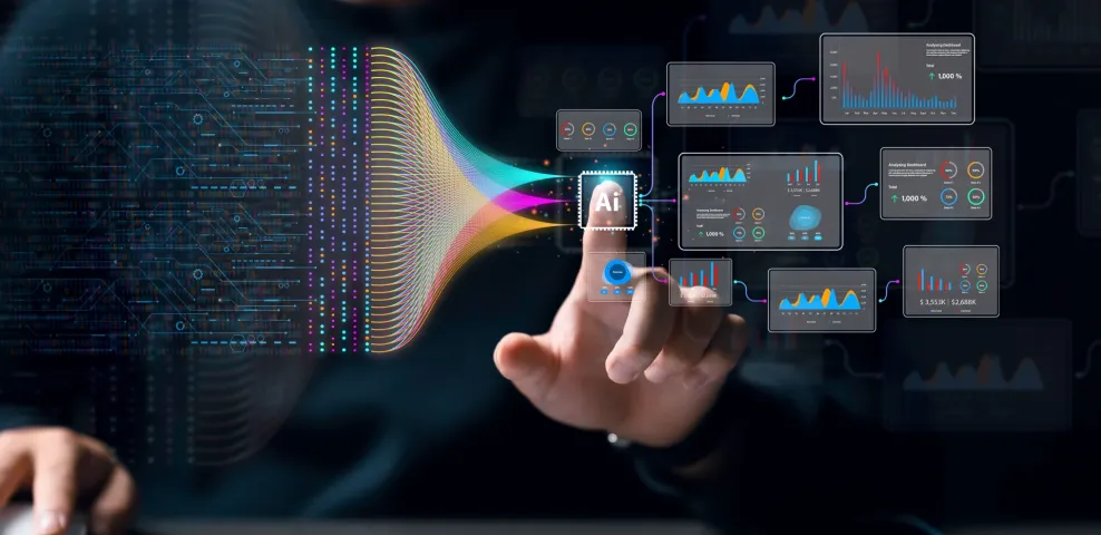 Professional interacting with AI chip interface generating multiple data analytics dashboards in a dark digital environment.