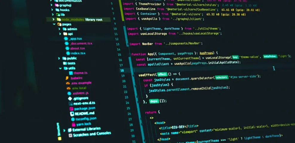 A code editor displaying a project file tree alongside source code and dependency files.