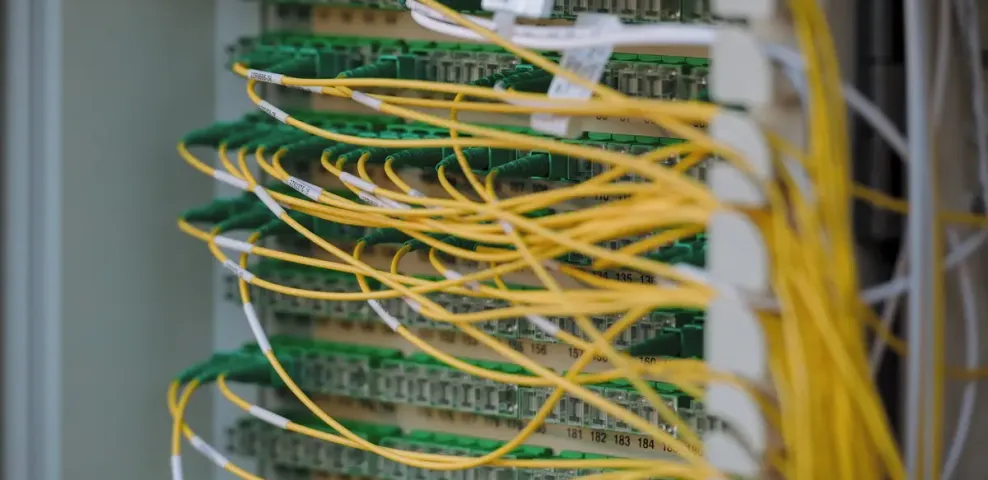 A fiber optic patch panel with yellow and green cables routed in dense ordered rows.