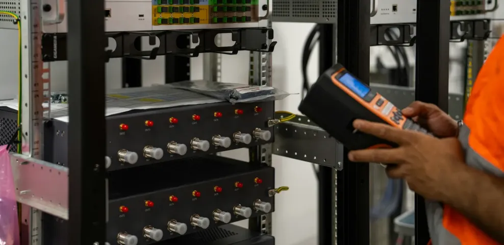 A technician inspecting network equipment racks with a handheld diagnostic tool.