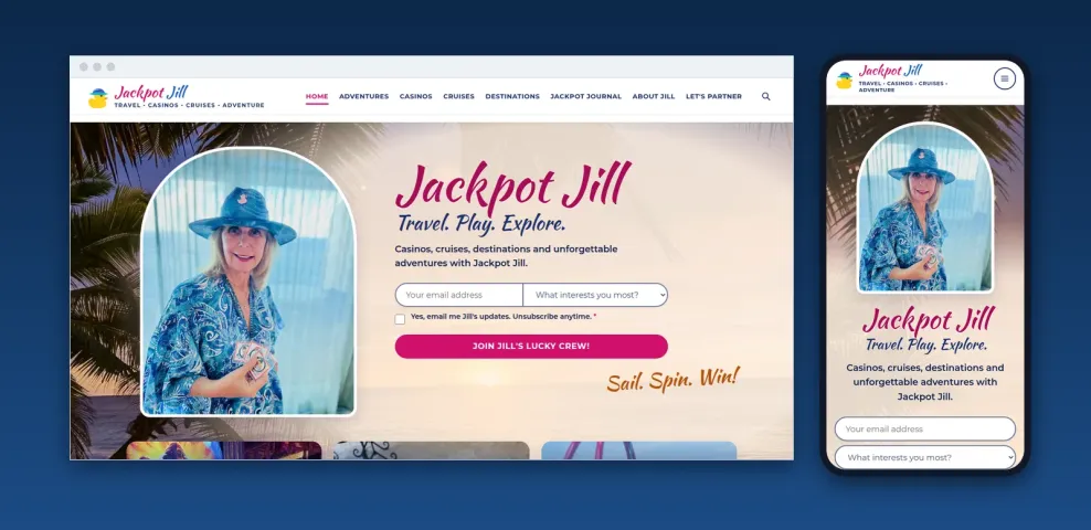 Jackpot Jill website homepage shown in a desktop browser and on a mobile phone